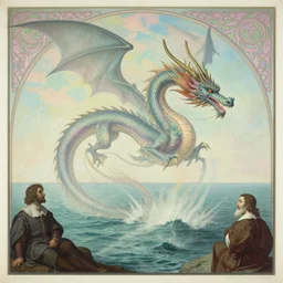dragon over the sea, daguerreotype by edward hopper, by henri rousseau, by Bosch, by Pontormo, art noveau, highly detailed, strong lights, liminal, eerie, Bright pastel colors, octane render, 8k,