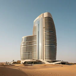 brutalism skyscraper hotel in the desert