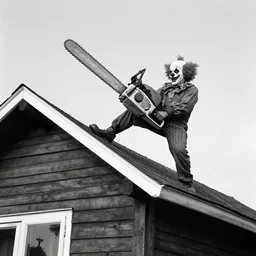 A terrible clown chainsaw falls from the roof of a wooden house, 1960, black and white photography