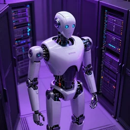 hyperrealistic medium shot robot! in data center server building highly detailed concept art eric zener elson peter cinematic hard purple lighting high angle hd 8 k sharp shallow depth of field, inspired by david paul cronenberg and zdzisław beksinski