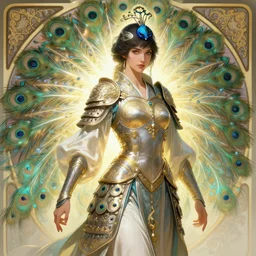 a female warrior in peacock armor, light effect, feminine, powerful, in clothes! intricate, elegant, highly detailed, digital painting, artstation, concept art, smooth, sharp focus, illustration, art by gaston bussiere and alphonse mucha.