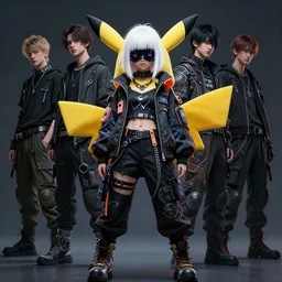 very cool pikachu white hair girl with mask, streetwear, techwear, cyberpunk style outfit, full body, nose piercing, detailed portrait, intricate complexity, by greg rutkowski, james gilleard, atey ghailan, artgerm, ross tran, conrad roset, takato yomamoto, ilya kuvshinov. 4 k, beautiful, cinematic dramatic atmosphere