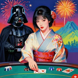 hyperrealistic composition of the detailed woman in a japanese kimono sitting at a poker table with detailed darth vader, fireworks, beautiful mountain in the background, pop - art style, jacky tsai style, andy warhol style, acrylic on canvas