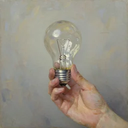 An impressionist oil painting of a hand holding a broken lightbulb