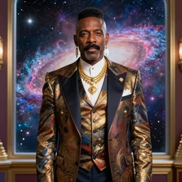 mr. t as president of the galaxy with mohawk and wearing gold jewelry and a fancy retro scifi three - piece suit and feather earrings, patriotic, nebula background outside window, professional studio photo, medium shot, color splash