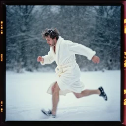 kodak portra 4 0 0, wetplate, dynamic, motion blur, award - winning portrait by britt marling of an sleepwalking helpless desperate man in bathrobe running fast during a blizzard, snowflakes,