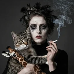 photographic portrait max ernst sad woman cat feathers face cigarette smoke, holding a giraffe, editorial