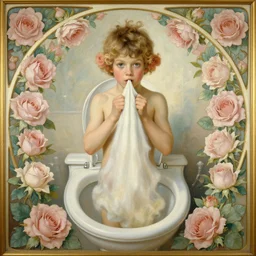 a portrait of a boy in the toilet, rococo painting, realistic, fantasy, pastel roses, symmetrical, fart, in the style of alphonse mucha