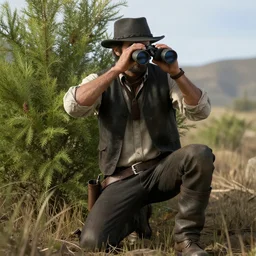 john marston kneeling behind a bush with binoculars, red dead redemption 2