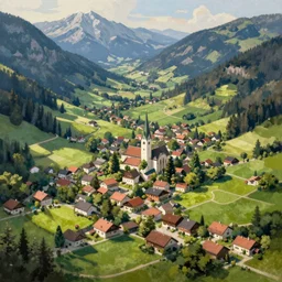 High-Quality realist painting of a traditional Bavarian village in a valley, isometric aerial view, peaceful, very detailed, digital art.