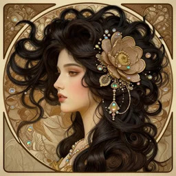 head flower depths, detailed black haired beauty portrait, chocolate, head flower, billowing, opulent swirling hair, swirling seaweed, iridescent jewellery, lines background, james jean lines, art by wlop, peter morebacher, greg rutkowski, craig mullins, ruan jia, thomas kinkade, victor ngai, ernst haeckel, alphonse mucha, unreal engine,