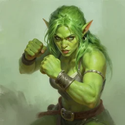 fighting green orc female, light green tone beautiful face by jeremy mann, greg rutkowski, noah bradley, digital painting