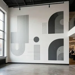 trendy downtown loft with modern murals on the wall, modern art and patterns, interior design, beautiful architecture
