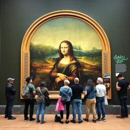 picture of people watching the ( mona lisa ) painting but it's vandalized with a graffiti!!