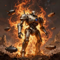 Steampunk Mech Robot Airships Fleet before battle. By Joseph Mallord William Turner, fractal flame, highly detailded