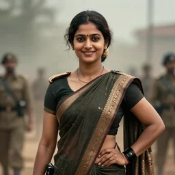young indian woman ww 1 officer, wearing a sari, strong, muscular, smiling, digital portrait by greg rutkowski, intricate, soft focus, highly detailed, cinematic, epic, artstation