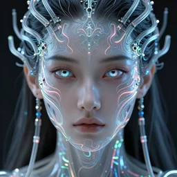 very beautiful man, bionic pupils, full face frontal centered, portrait, detailed intricate symmetrical ornate neon cables connected to head, clear lips, luxurious long hair, sophisticated futuristic neon fractal wiring and implants, translucent, porcelain, fractal, sci fi, dramatic lighting, photography, highly detailed, artstation, deviantart, 8 k, by chie yoshii