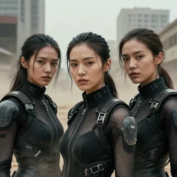 cinestill 5 0 d photographic portrait of loving female androids wearing rugged black mesh techwear in a desolate american city, extreme closeup, modern cyberpunk, dust storm, 8 k, hd, high resolution, 3 5 mm, f / 3 2, ultra realistic faces, ex machina