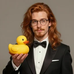 a beautiful chad german guy with very long chestnut! hair, with glasses and short stubble! goatee on a tuxedo holding a rubber duck!, trade offer meme, digital painting, concept art, matte