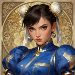 Chun-Li closeup, D&D, fantasy, intricate, elegant, highly detailed, digital painting, artstation, concept art, matte, sharp focus, illustration, hearthstone, art by Artgerm and Greg Rutkowski and Alphonse Mucha