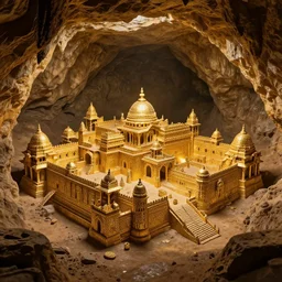 a photo of an ancient Indian city made of gold hidden underground in a cavern