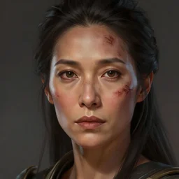 beautiful, very strong, mixed race, female, middle aged, face, no makeup, scarred, head shot, fantasy, highly detailed, digital painting, artstation, concept art, smooth, sharp focus, illustration, art by jodie muir and brom