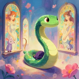 a vibrant emotional digital 3 d cg of xenomorphic serpent dragon rat traveling through windows of time, studio ghibli, pixar and disney animation, sharp, disney concept art maximalist splatter paint illustration by shinji kimura and alphonse mucha and alena aenami, pastel color palette, bloom!!, dramatic lighting