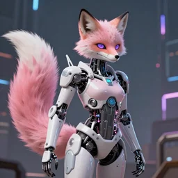 Pink fox cybernetic android, furry (fandom) art, cyberpunk
