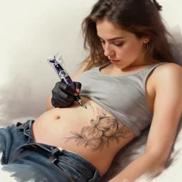 A female ink artist doing a tattoo on her belly, beautiful digital painting