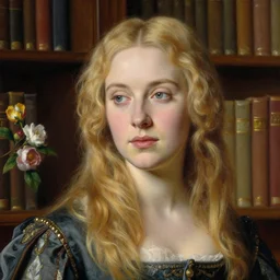portrait of a young beautiful attractive woman, fair blonde hair, intricate face, wearing 1 7 th century coat, in library, flowers, matte painting, sargent, leyendecker, close - up shot asymmetrical intricate elegant matte painting, sharp focus, by greg rutkowski