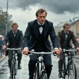 cinematic shot epic portrait an man in a fancy suit riding a bike, rain, cloudy, broad light, ambient occlusion, volumetric light effect, made by ivan aivazovsky, peter mohrbacher, greg rutkowski, matte painting, trending on artstation, 4 k, perfectly defined features, digital painting, cinematic, epic, highly detailed,