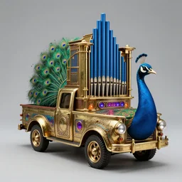 steampunk peacock pickup truck modeled to look like a peacock with a tall brass pipe organ on the back with blue, very tall brass organ pipes, green and purple accents and lights, hyper realism, studio lighting