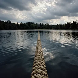 centered photograph of a single line of thick long rope floating on the surface stretching out to the center of the lake, a dark lake on a cloudy day, color film, trees in the background, hyper - detailed photo, anamorphic lens