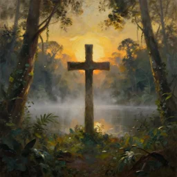 single cross in moody foggy lake jungle with backlight, sunset oil painting dramatic panorama by frazetta