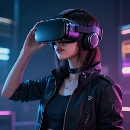 cyberpunk girl wearing vr headset by pascal blanche, trending on artstation