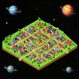 isometric view of the whole of a small town on a distant planet, from a space themed Lucasarts graphic adventure game made in 1998