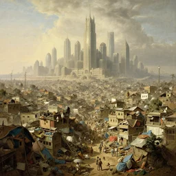 Mega slums of Dharavi in the futuristic city of Mumbai in 2050, by Canaletto, trending on ArtStation, masterpiece