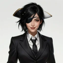 a highly detailed illustration of beautiful short black messy haired woman wearing pirate eyepatch and noir style suit and tie, dramatic smiling pose, intricate, elegant, highly detailed, centered, digital painting, artstation, concept art, smooth, sharp focus, league of legends concept art, WLOP
