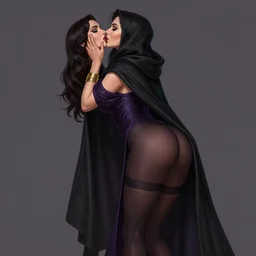 Fantasy portrait, Necromancer, female, gorgeous, beautiful face, dark garments, dark pruple robes, gold bracelet, Black cloak from neck to ankles, pantyhose, kiss, pin-up, shapely toned derriere, matte painting, by WLOP, Frank Franzzeta and Sakimichan, artstation