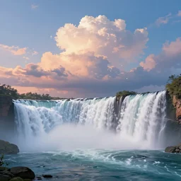 A waterfall by the ocean with billowing clouds during sunset by Simon Stålenhag and Thomas Kinkade and Greg Rutkowski