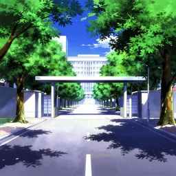 academy entrance, boulevard, trees, building in the distance, overhanging branches, long road, cel - shading, 2 0 0 1 anime, flcl, jet set radio future, the world ends with you, kid a, cel - shaded, strong shadows, vivid hues, y 2 k aesthetic, art by artgerm