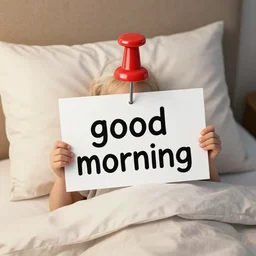 min pin in a bed holding a sign that says “ good morning ” detailed meme