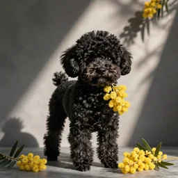 cute black poodle with a mimosa