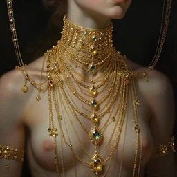 mutant weaver with hundreds of gemencrusted golden necklaces, physically accurate, moody dynamic lighting, very very intricate, very very elegant, highly detailed, digital painting, artstation, HR GIGER, Hieronymus Bosch, Francis Bacon, concept art, smooth, very beautiful, sharp focus, illustration, art by artgerm and greg rutkowski and alphonse mucha