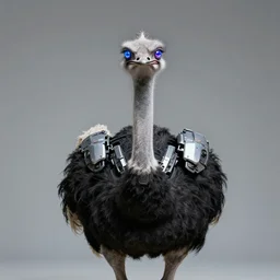 ostrich wearing futuristic sci - fi armour, leds in the eyes, centered, studio lighting, portrait