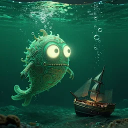 detailed effervescent ocean with bubbles, an ornate, funny sea monster, creature with large glowing eyes, floats next to a tiny ship wreck, by maurice sendak, shaun tan made in hyperrealistic 3 d, octane render, dark green colours, sharp focus, 8 k, nighttime