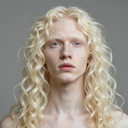 a portrait of a beautiful androgynous blond man, albino pale white skin and long fluffy curly blond hair, Center parted curtain bangs, close up view, head and upper body, looking upward, fullface, light from above, by Peter Mohrbacher, trending on artstation, 8k