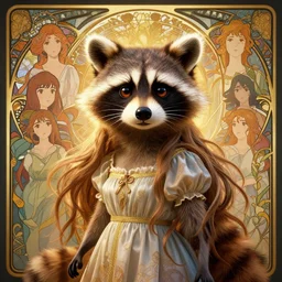 highly detailed portrait of cute female anthropomorphic raccoon with long hair wearing a dress, stephen bliss, unreal engine, fantasy art by greg rutkowski, art nouveau, loish, rhads, ferdinand knab, makoto shinkai and lois van baarle, ilya kuvshinov, rossdraws, tom bagshaw, alphonse mucha, global illumination, radiant light, detailed and intricate environment