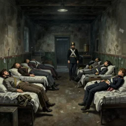 1 8 5 4 crimean war, army hospital in scutari at night, wounded patients in beds on both sides of hospital ward, dark, grimy, finely detailed perfect art, painted by greg rutkowski makoto shinkai takashi takeuchi studio ghibli
