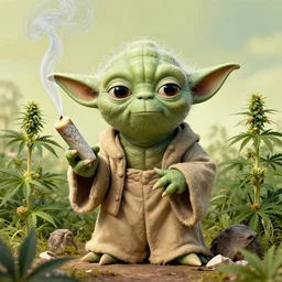 vintage travel advertisement dagobah, of yoda smoking a huge joint, surrounded by cannabis plants